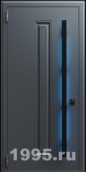 Стальная дверь с металлофиленкой, длинной ручкой с подсветкой и темно-серым порошковым окрашиванием RAL 7021 (тип №1)