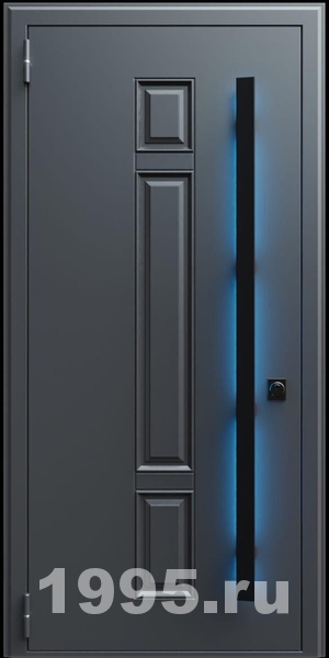 Стальная дверь с металлофиленкой, длинной ручкой с подсветкой и темно-серым порошковым окрашиванием RAL 7021 (тип №2)