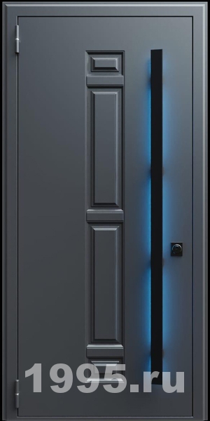 Стальная дверь с металлофиленкой, длинной ручкой с подсветкой и темно-серым порошковым окрашиванием RAL 7021 (тип №5)