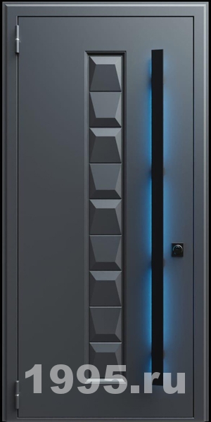 Стальная дверь с металлофиленкой, длинной ручкой с подсветкой и темно-серым порошковым окрашиванием RAL 7021 (тип №8)