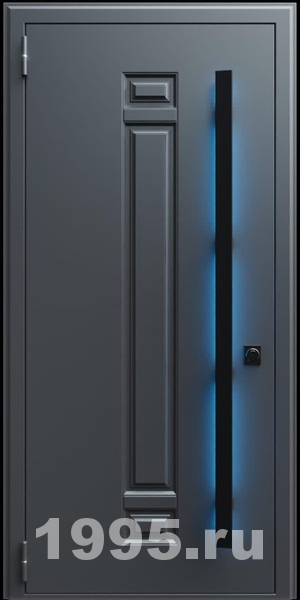 Стальная дверь с металлофиленкой, длинной ручкой с подсветкой и темно-серым порошковым окрашиванием RAL 7021 (тип №9)