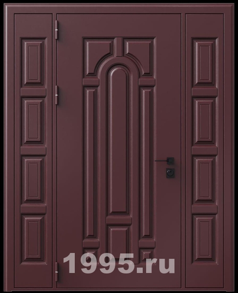 Стальная трехконтурная дверь с металлофиленкой, вставками по бокам и порошковым напылением RAL 3007 (тип №2)