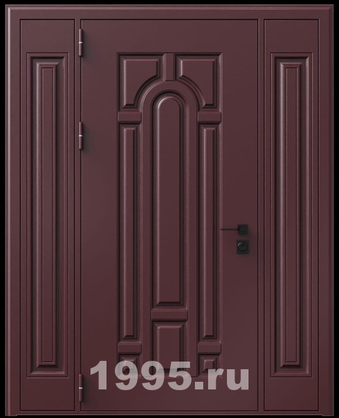 Стальная трехконтурная дверь с металлофиленкой, вставками по бокам и порошковым напылением RAL 3007 (тип №4)