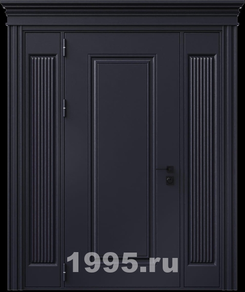 Стальная термодверь с металлофиленкой, вставками по бокам, карнизом и порошковым покрытием RAL 7016 (тип №2)