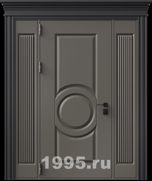 Стальная дверь с металлофиленкой, вставками по бокам, карнизом и порошковым покрытием RAL 7022 (тип №1) Стальная дверь с металлофиленкой, вставками по бокам, карнизом и порошковым покрытием RAL 7022 (тип №1)