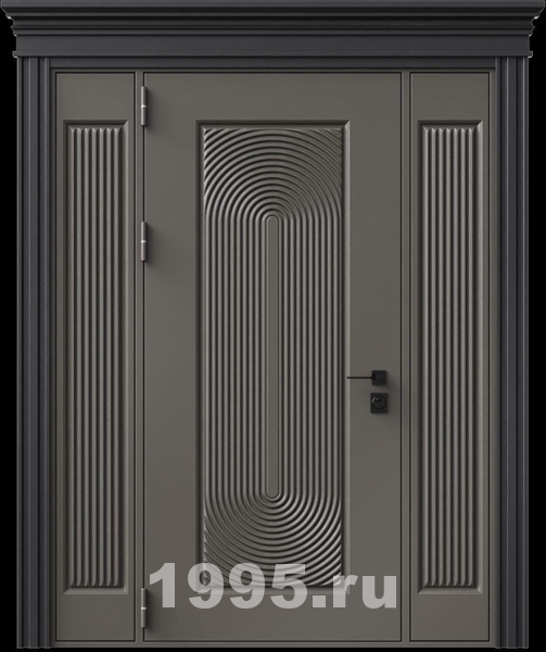 Стальная дверь с металлофиленкой, вставками по бокам, карнизом и порошковым покрытием RAL 7022 (тип №3) Стальная дверь с металлофиленкой, вставками по бокам, карнизом и порошковым покрытием RAL 7022 (тип №3)