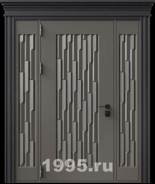 Стальная дверь с металлофиленкой, вставками по бокам, карнизом и порошковым покрытием RAL 7022 (тип №7) Стальная дверь с металлофиленкой, вставками по бокам, карнизом и порошковым покрытием RAL 7022 (тип №7)