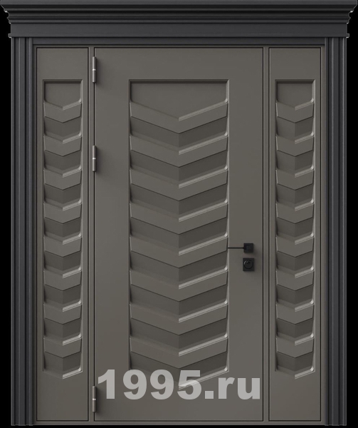 Стальная дверь с металлофиленкой, вставками по бокам, карнизом и порошковым покрытием RAL 7022 (тип №8) Стальная дверь с металлофиленкой, вставками по бокам, карнизом и порошковым покрытием RAL 7022 (тип №8)