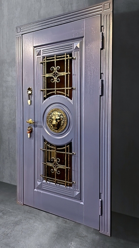 Термодверь МДФ шпон (окрас RAL) с кованой решеткой и стальным декором